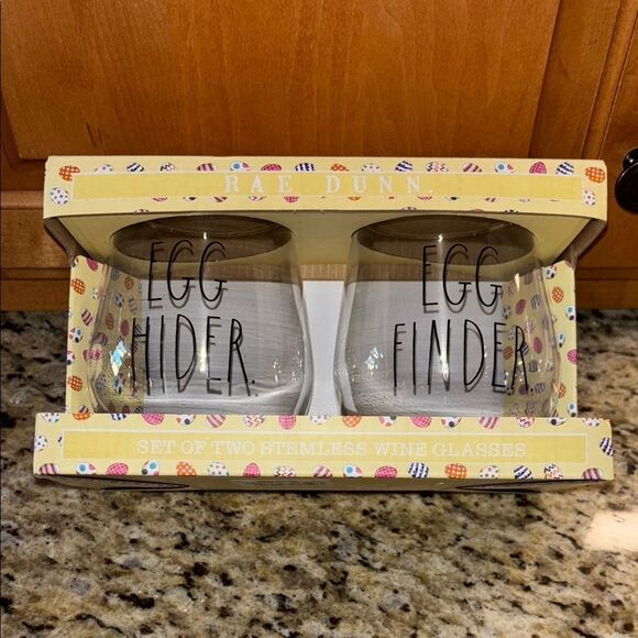 NWT Rae Dunn Egg Hider and Egg Finder Stemless Wine Glasses - Picture 2 of 9